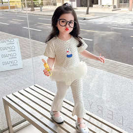 2026夏季女童可爱短袖T恤两件套洋气甜美网纱波点喇叭裤两件套潮