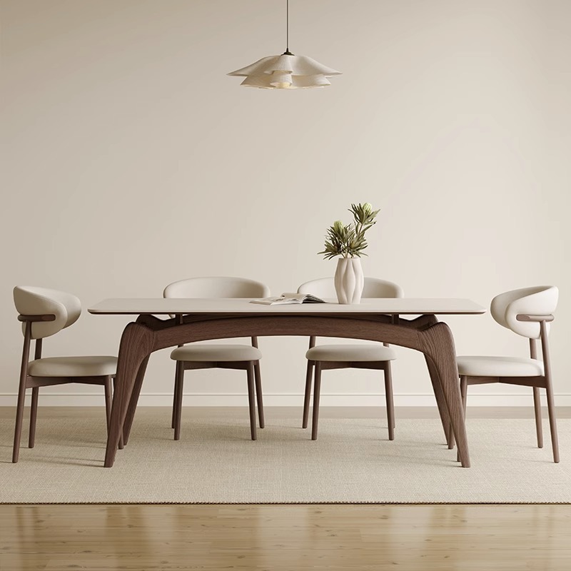 Mesa y silla de comedor de roca de Delifeng combinación rectangular moderna y simple casa pequeña crema viento mesa de comedor de madera de cera blanca