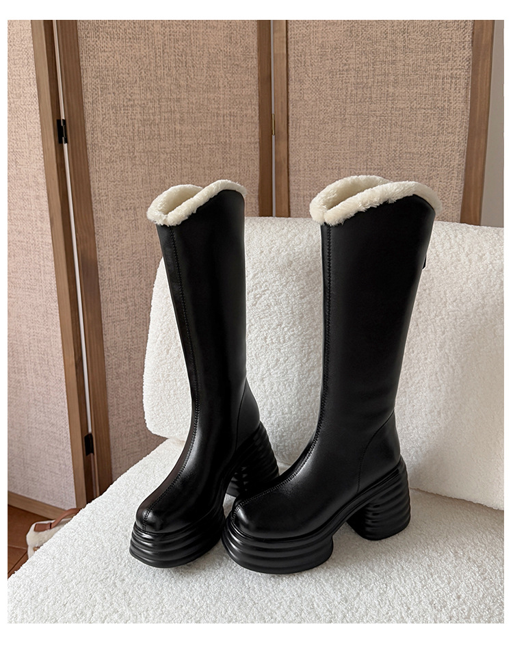 Boot nữ cổ cao gót 10 cm đế dày phong cách hiệp sĩ, miệng chữ V, lót len mùa đông — màu đen, màu hồng, Màu trắng nhạt chi tiết 22