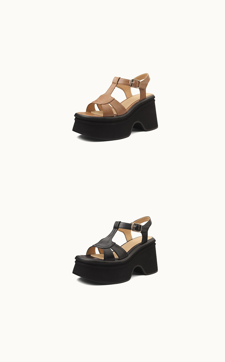 Sandal nữ đế nêm da thật phong cách La Mã hở mũi, gót 10 cm — đen, màu nâu sẫm chi tiết 9