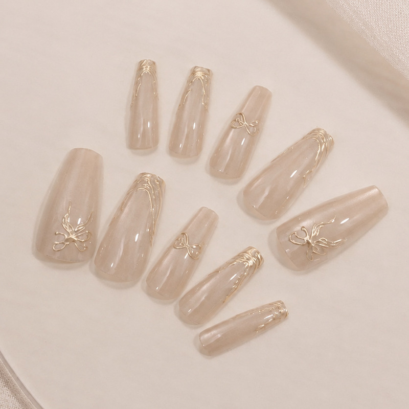 Wearable nail tips, popular for cross-border e-commerce, nude and gold-toned short nail tips, wholesale of 24 pieces Wearable nail tips, popular for cross-border e-commerce, nude and gold-toned short nail tips, wholesale of 24 pieces
