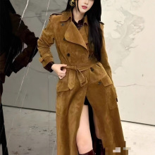 欧美时尚高端明星同款牛皮绒风衣御姐气场”美式复双排扣长款女风