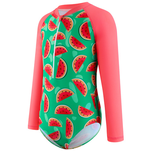2024 New European and American Children's Swimsuit for Girls, One-piece Swimsuit with Floral and Watermelon Patterns, for Big Kids, Long-sleeved Sun-protective Swimwear