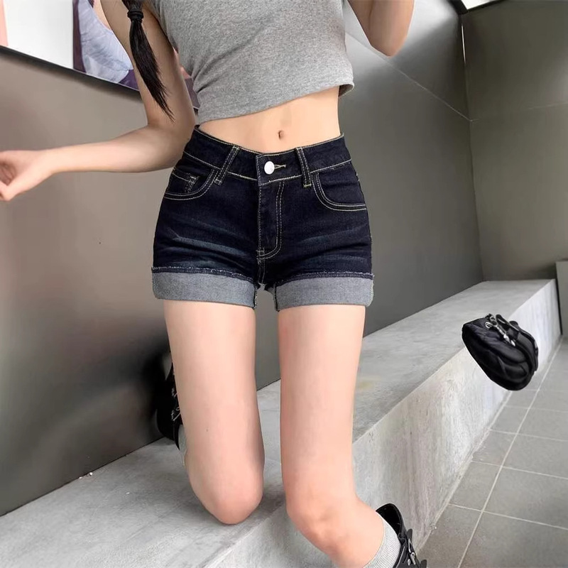 Dark Blue Stylish Rolled-Edge Denim Shorts for Women, 2025 Summer High-Waisted Stretchy Plus-Size Tight-Fitting A-Line Hot Pants