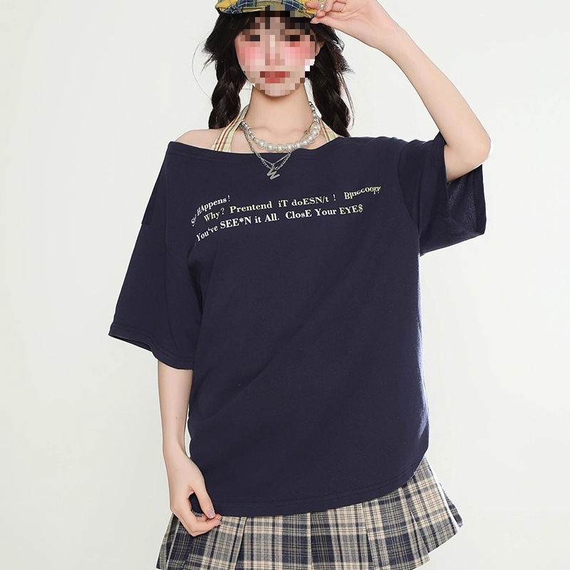 아메리칸 핫걸 오프 숄더 레터 프린트 서스펜더 투피스 반팔 티셔츠 여성 여름 대학 스타일 루즈 인 탑