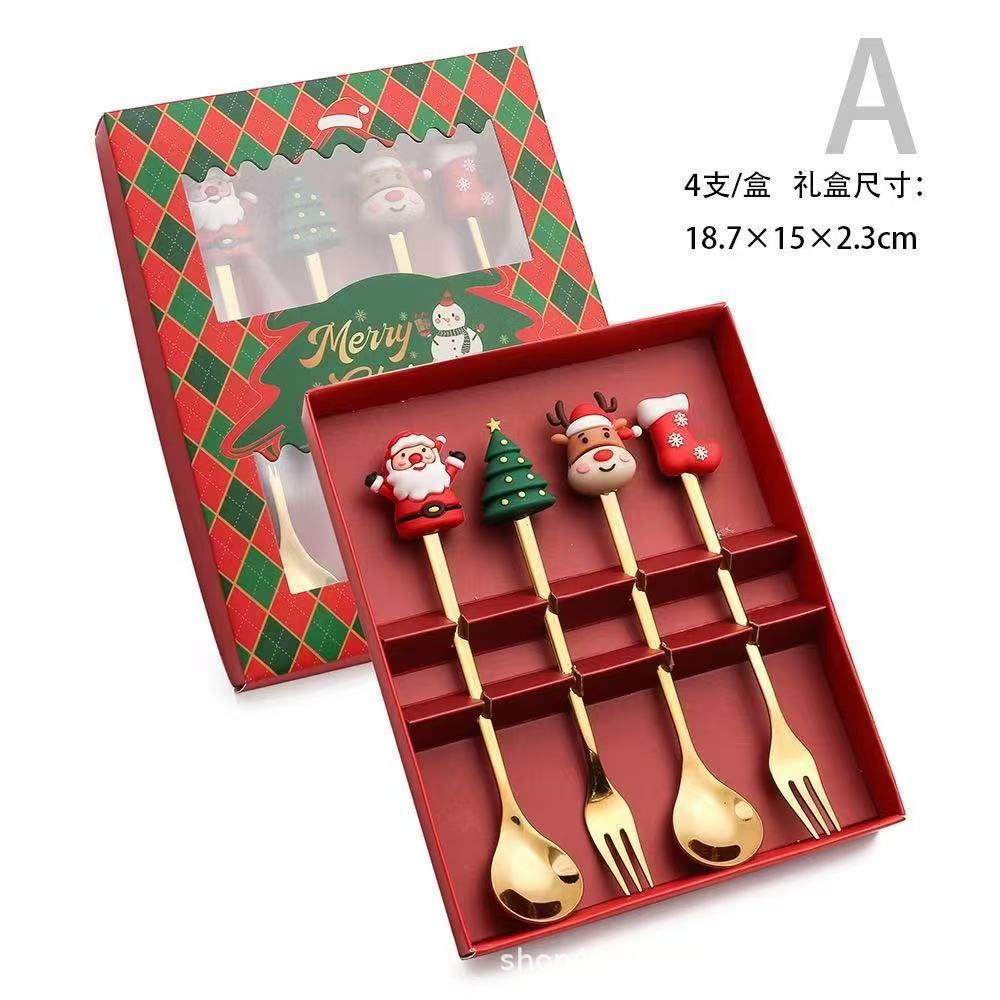 Cuchara de Navidad transfronteriza horquilla cubiertos de acero inoxidable árbol de Santa Claus cuchara de postre dibujos animados creativo conjunto de regalos de Navidad image 31