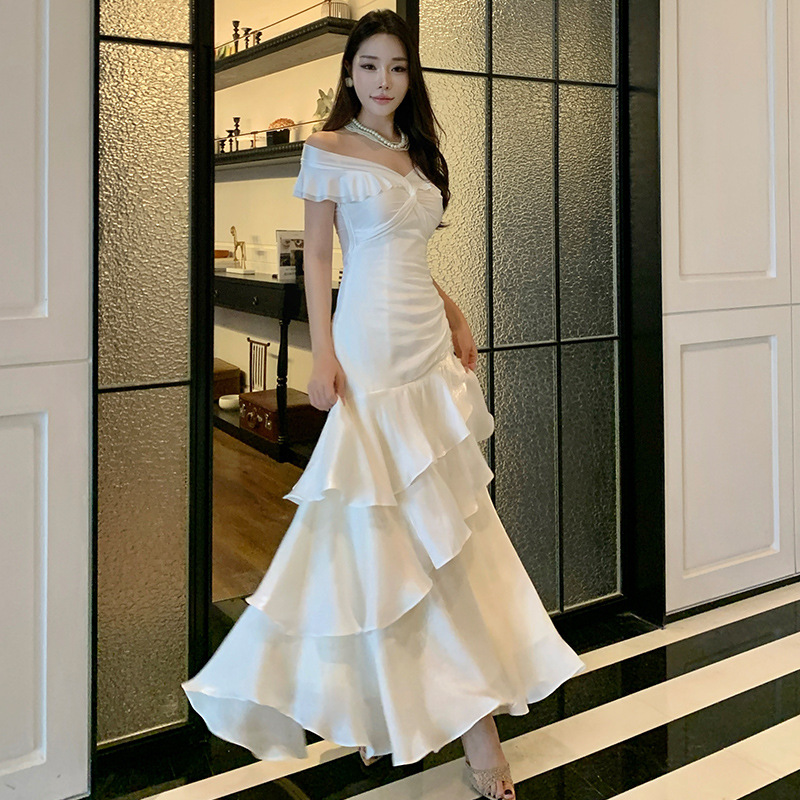 French Ruffled One-Shoulder Dress Seaside Resort Style Beach Dress Birthday Party Dress Skirt