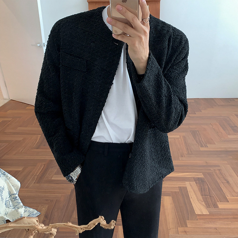Chanel estilo de los hombres sueltos casual sin cuello chaqueta primavera y otoño estilo coreano de moda Delgado cuello redondo de manga larga chaqueta de los hombres