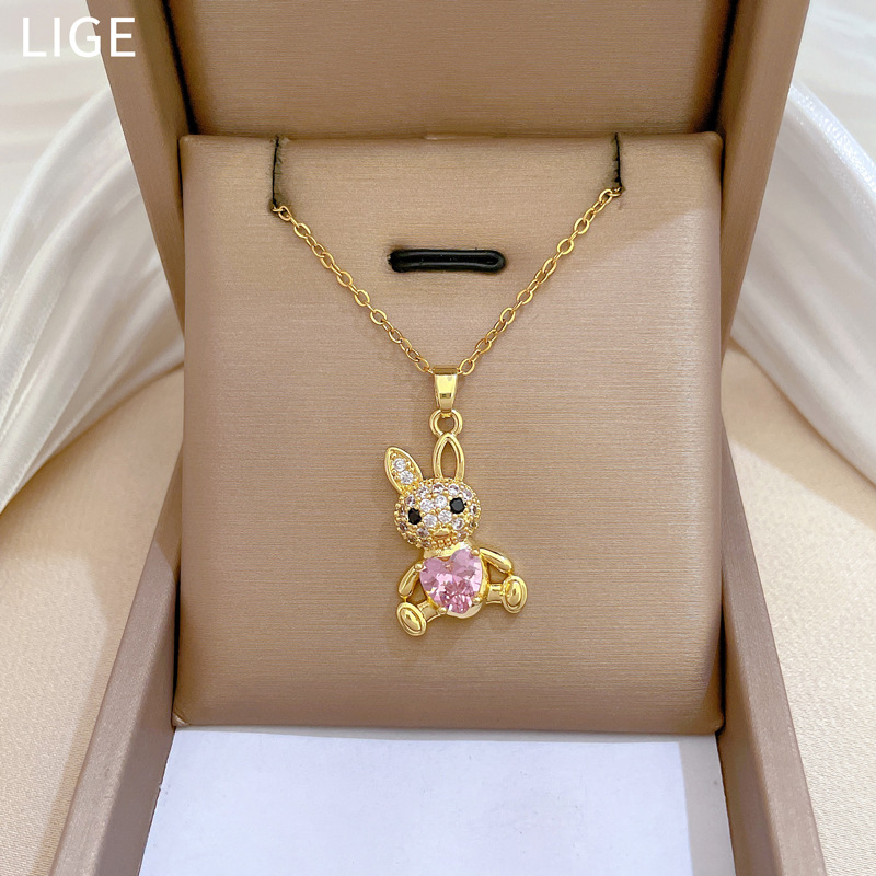Luxurious Long Eared Rabbit Necklace And Earring Set Titanium_voghion.com