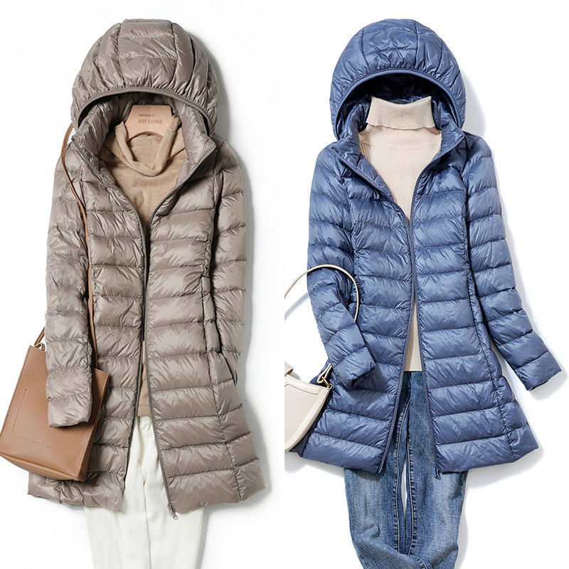 Cross-Border Lightweight down Jacket for Women, Mid-Length, 2026 Winter New Style, Detachable Hood, Slim Fit, Hooded, Plus Size, White Duck down Coat