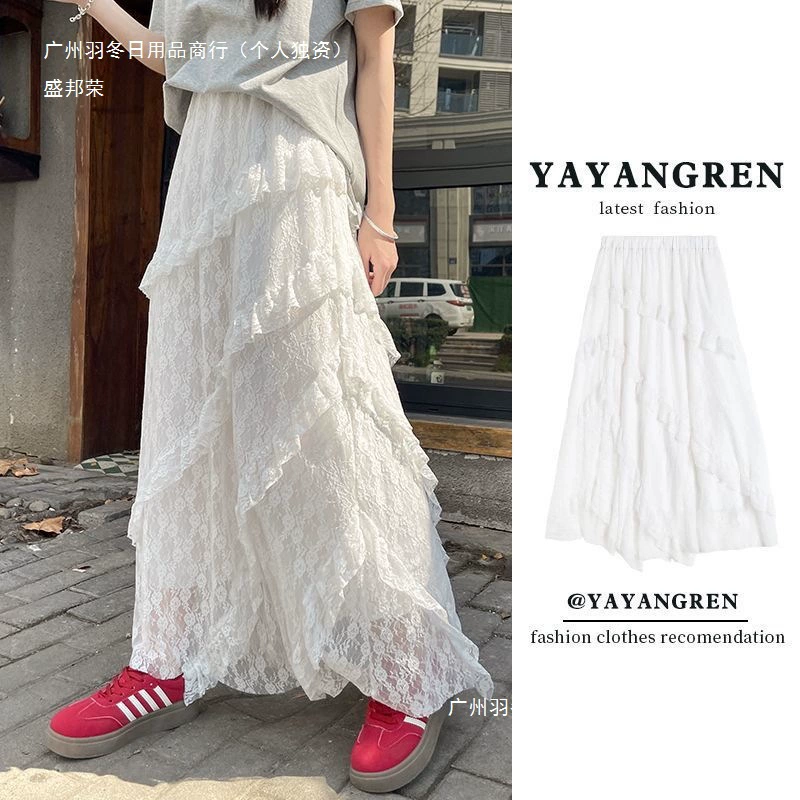 Ретро юбка из белого кружева с эффектом сращивания для женщин 2025, ранняя весна, эластичная талия, утягивающая, сетчатая, А-силуэт, длинная юбка для женщин