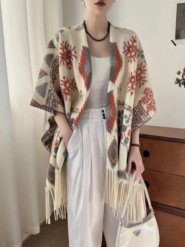 她信服饰跨境外贸秋冬披肩条纹国风水墨佩斯利蛇纹豹纹流苏斗篷|undefined