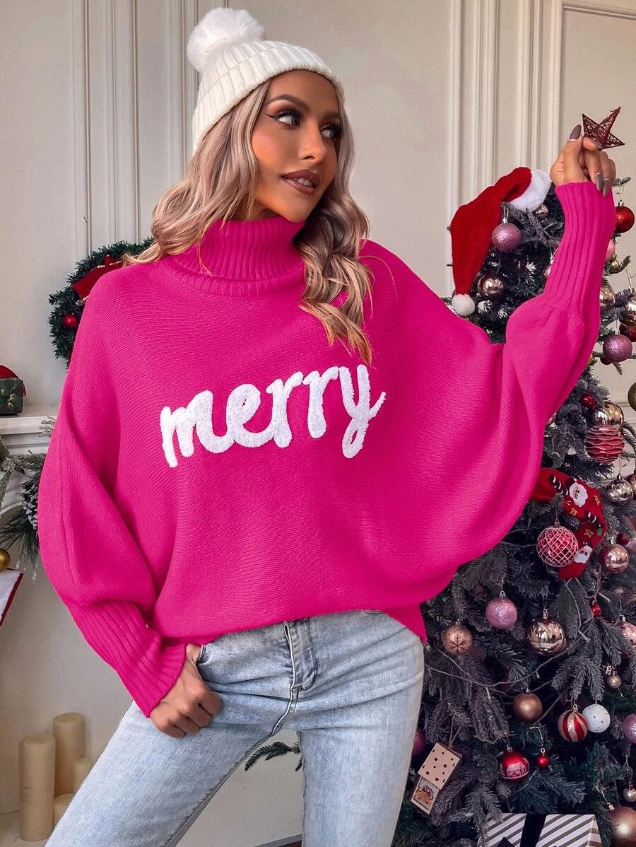350g Weight Long Sleeve Sleeve Length Pullovers Placket Type Batwing Sleeve Sleeve Type Polyester, Polyacrylonitrile Fiber Fabric Type Long Top Length Sweater Tops Type Daily Occasion Turtleneck Neckline Loose Fit Type Christmas Festival Letter Pattern Winter, Autumn Season Women's Gender Embroidery Design Streetwear Style Wholesale Women's Streetwear Letter Long Sleeve Embroidery Sweaters & Cardigans 11