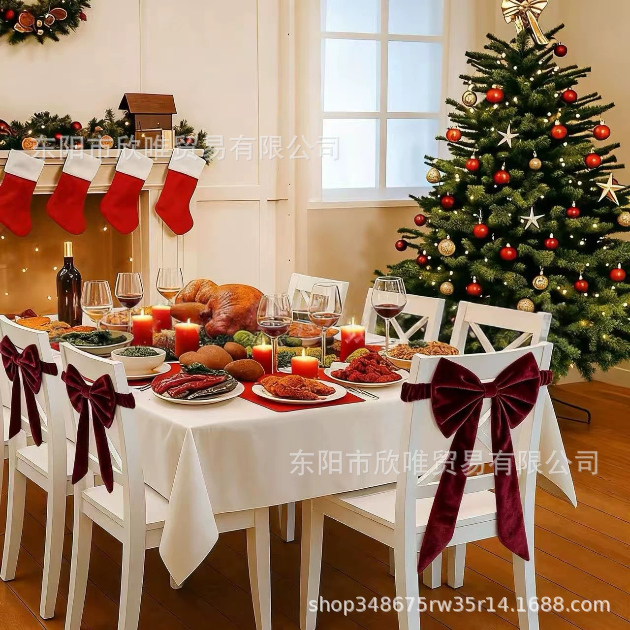 跨境Christmas Red Chair Bows for Chairs圣诞酒红色椅套蝴蝶结