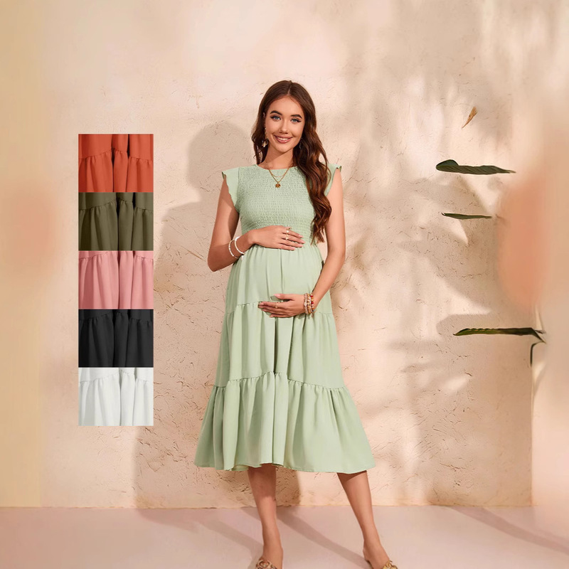 European and American Women's Flying Sleeve Pleated Layered Short Sleeve dress Chiffon Pregnant Women's dress