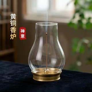 檀香炉黄铜底座玻璃防风罩锌合金葫芦香插线香炉中式禅意茶室摆件