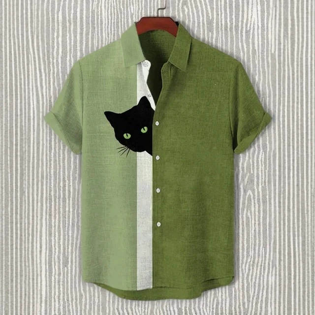 Men's Japanese Retro Art Black Cat Print Shirt, Short Sleeve, Stand Collar, Single-Breasted, Casual Top, Vacation Wear