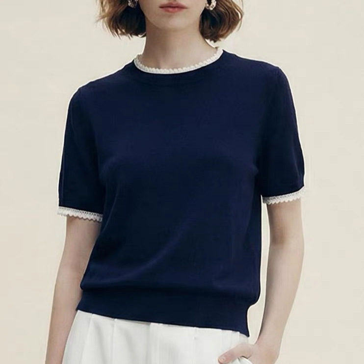 Ed Celebrity Style Xin Zhilei Same Style Simple Versatile Elegant Style with Lace 16-Gauge Thin Knit Short-Sleeve Women's T-Shirt