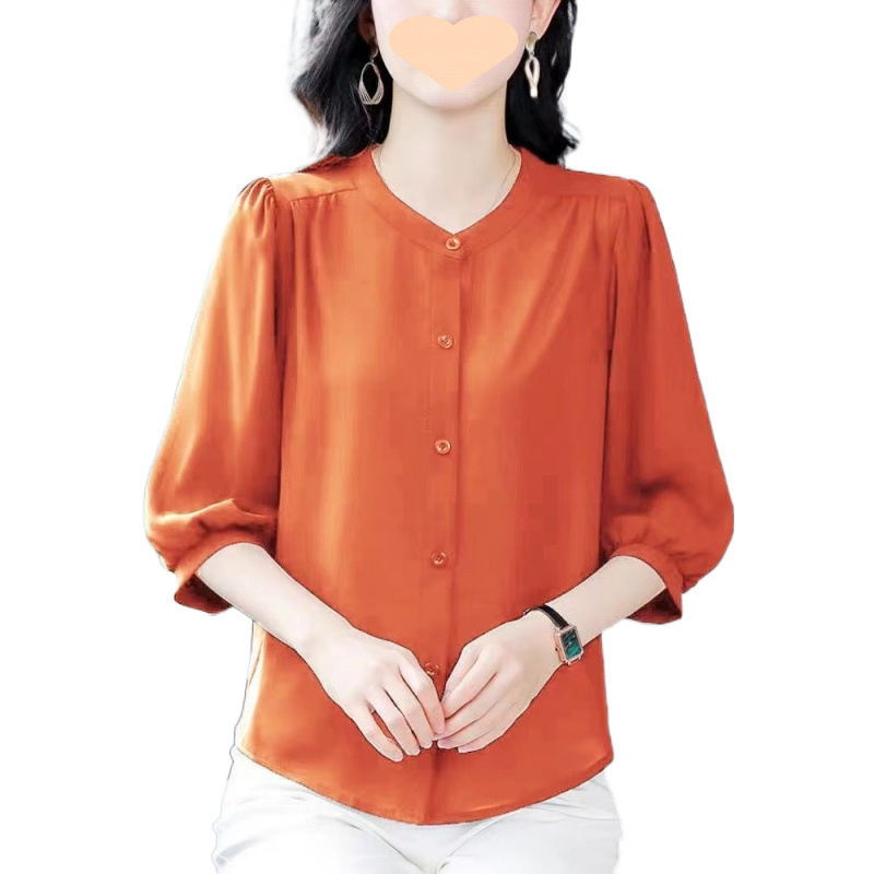夏の新しいラウンドネック気質薄い痩身トップ無地韓国スタイル大きいサイズママ服女性のシャツお腹をカバー|undefined