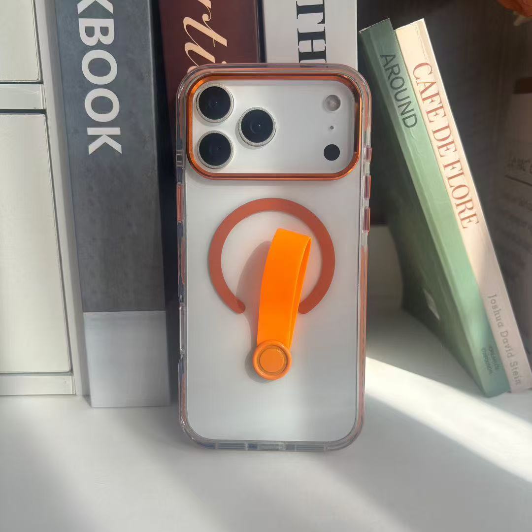 高品质金属镜框TPU亚克力磁吸手机壳带旋转手提指扣防摔条手机套