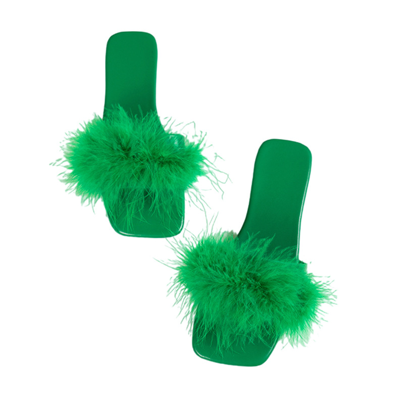 Zapatillas de lana de hadas, zapatillas verdes de cabeza cuadrada, zapatillas de verano que se pueden usar con dedos desnudos para fotos, zapatillas de plomo al por mayor.