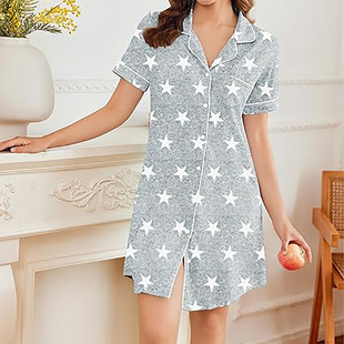 2024 Cross-Border European and American New Women's Home Comfortable Pajamas Buttoned V Neck Short-Sleeved Pajamas Nightgown