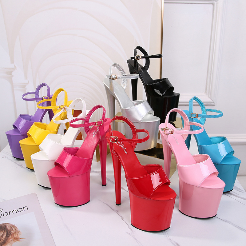 1986-1 Patent Leather 20cm Ultra-High Heels, Thin Heels, Sexy Waterproof Platform, Sky-High Super High Sandals for Women, Summer