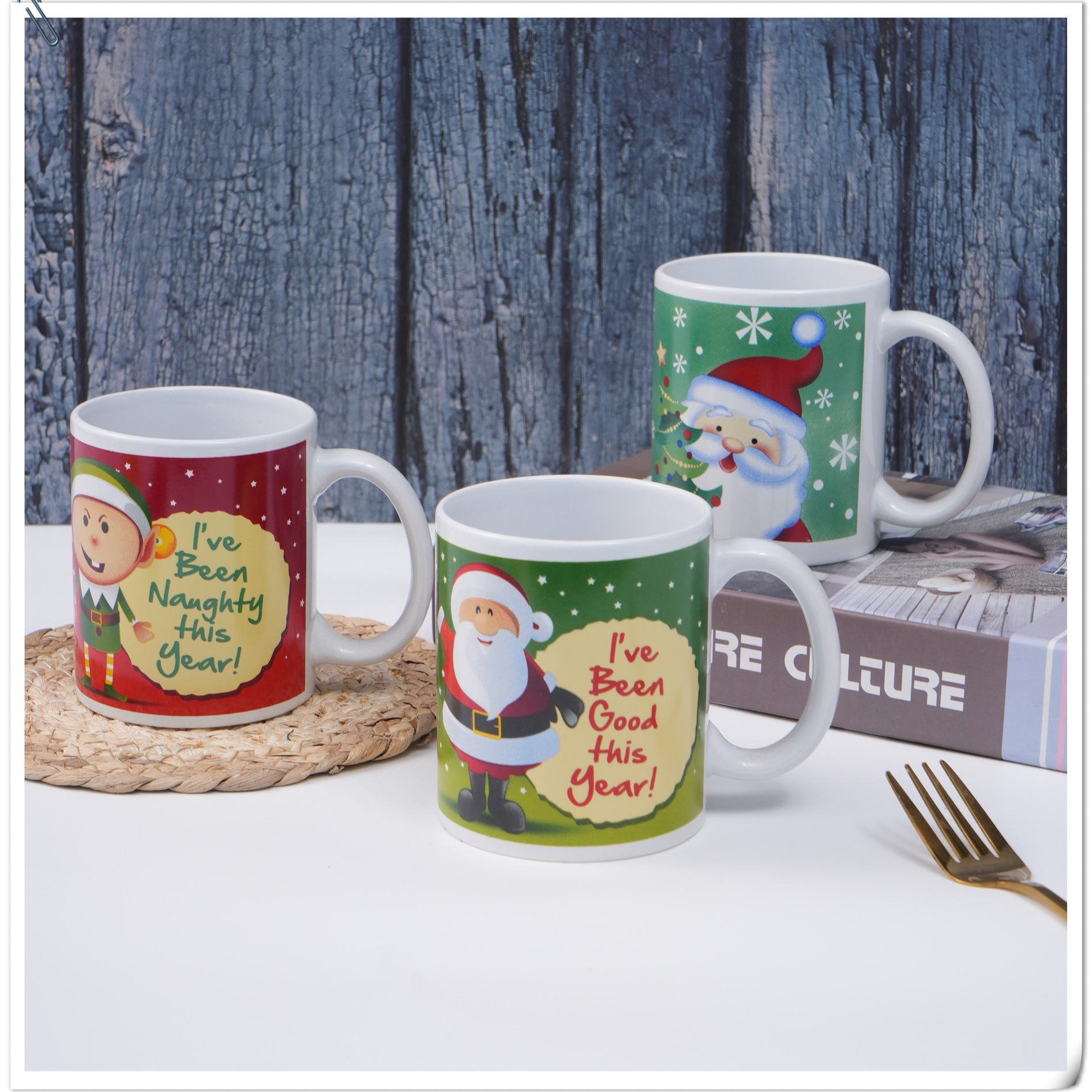 Christmas-themed ceramic mug with custom logo, corporate event gift, cute reindeer 11oz mug