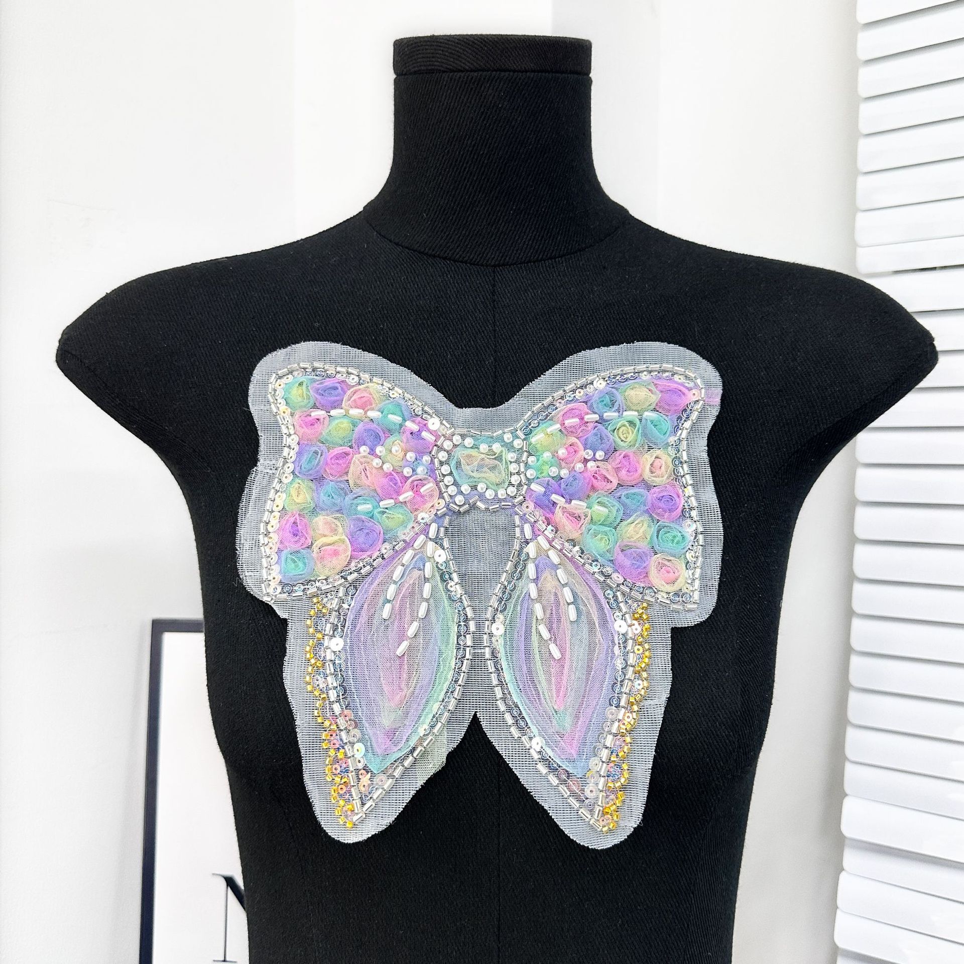 Fantástica flor tridimensional perla malla de arco de encaje pegado a mano sequinilla ropa accesorios image 3