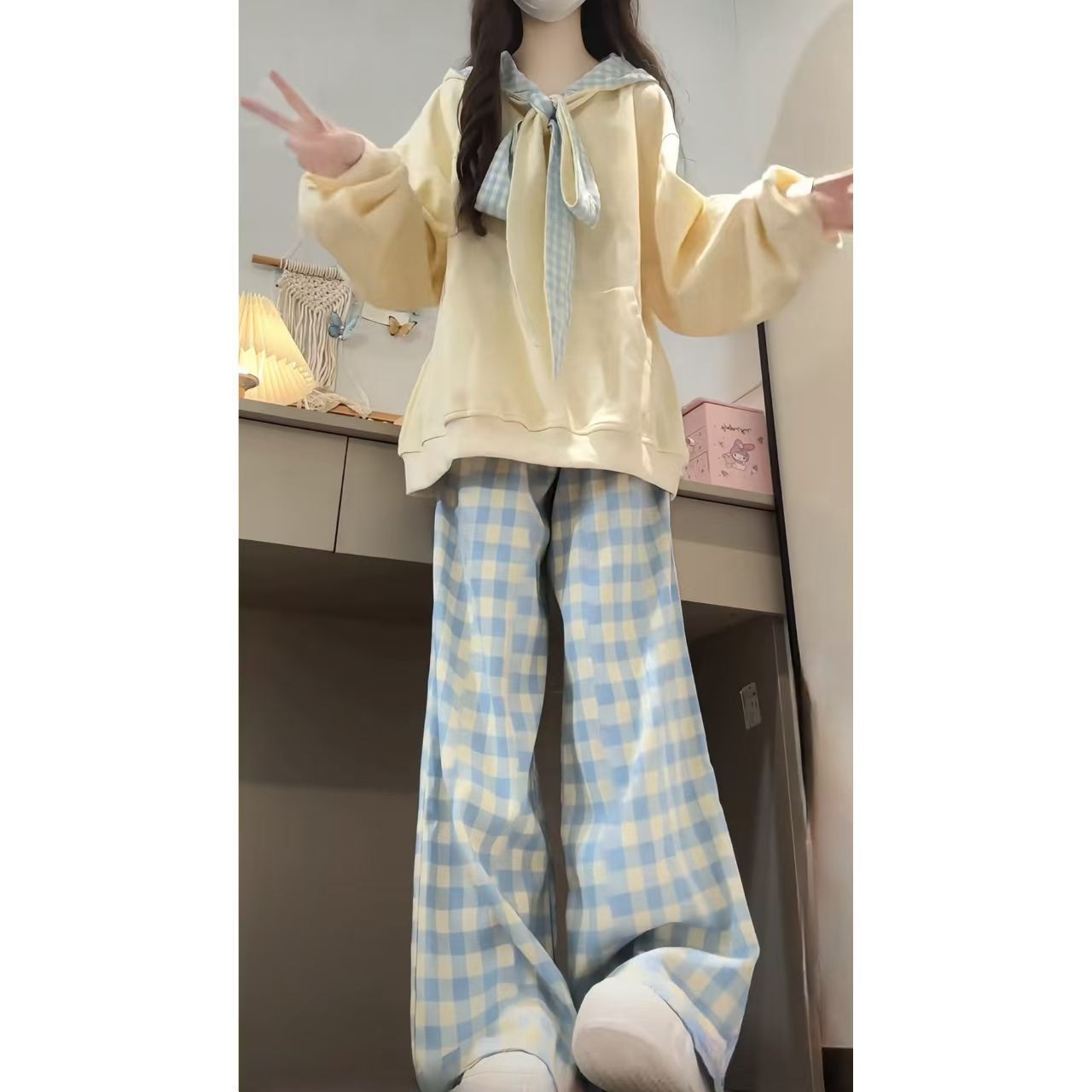女童秋季新款2025蝴蝶结格子绑带连帽卫衣外套中大童上衣长裤套装