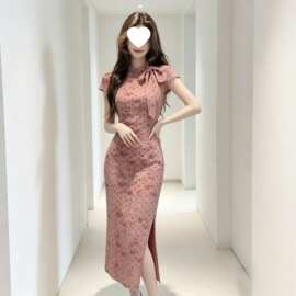 新中式超仙气质波点蝴蝶结旗袍连衣裙女夏季新款温婉收腰包臀长裙