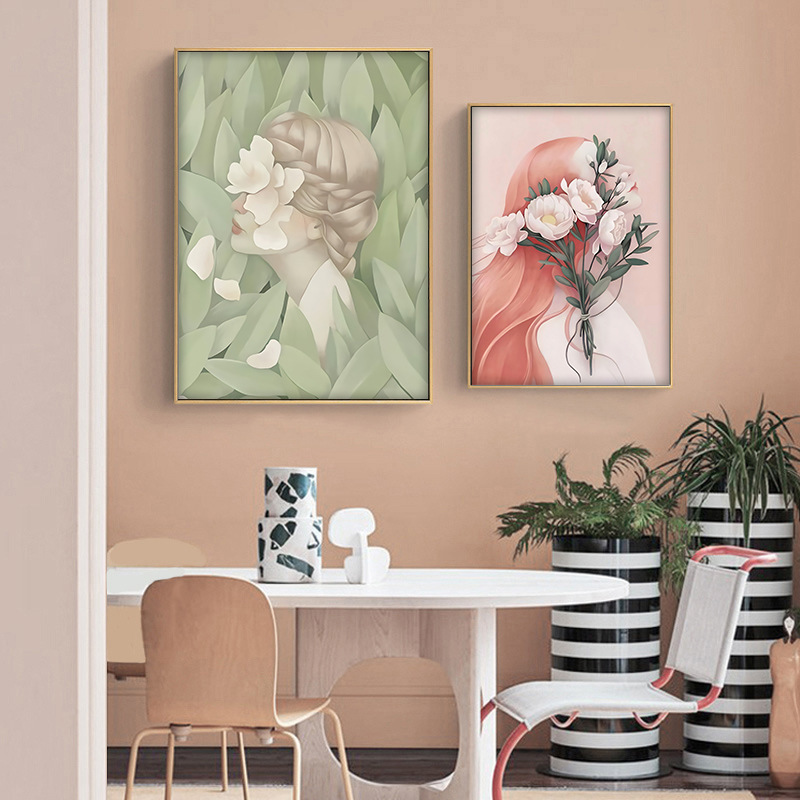 Nordic modern simple fresh flower character green plant illustration art decorative painting hallway bedroom hanging painting