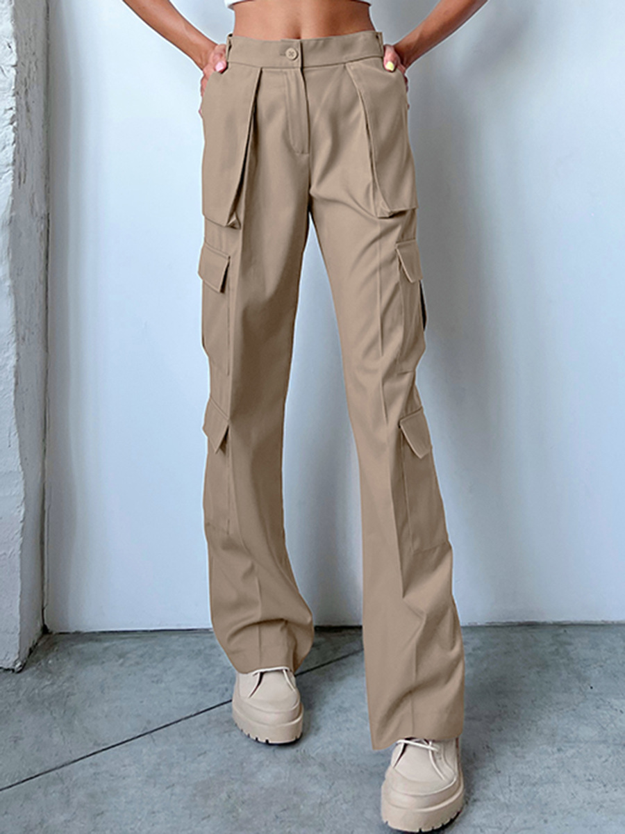 solid color multi-pocket high-waist wide-leg cargo pants NSSQS137691