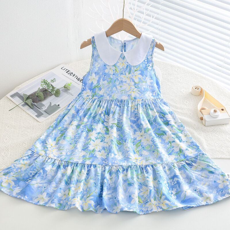 Girl's Floral Cotton Silk dress Summer New Children's Artificial Cotton Skirt Large Children's Doll Collar Princess Skirt Girl's Floral Cotton Silk dress Summer New Children's Artificial Cotton Skirt Large Children's Doll Collar Princess Skirt