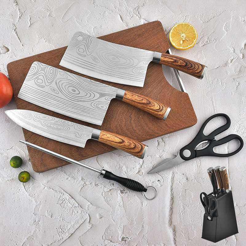 Venta al por mayor rojo neto patrón láser juego de seis piezas de cuchillo de mango curvo juego de cuchillo caja de color juego de caja de regalo juego de combinación de cuchillo al por mayor