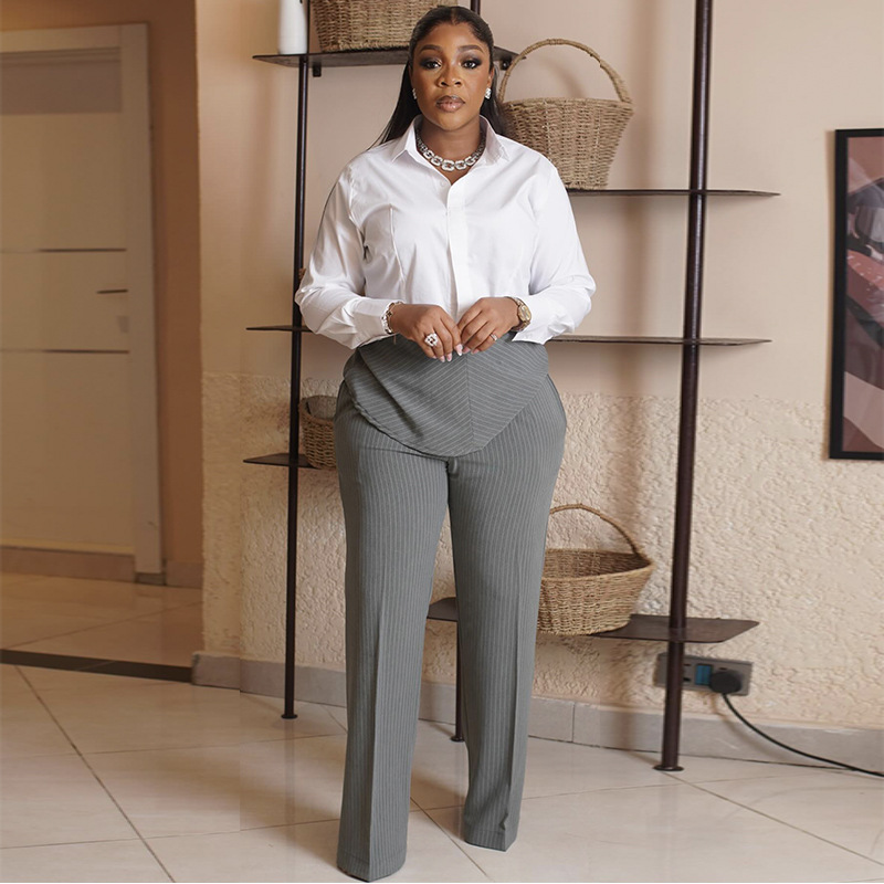 Women's Spring Casual Lapel Shirt And Wide Leg Pants Set Striped Patchwork Suit American Style In Stock_ecoleips.com
