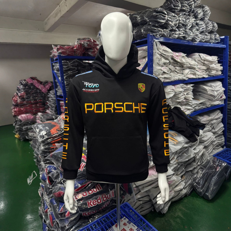 Porsche embroidered hooded sweatshirt, unisex, American racing style, heavyweight, loose fit, versatile casual outerwear, custom-made