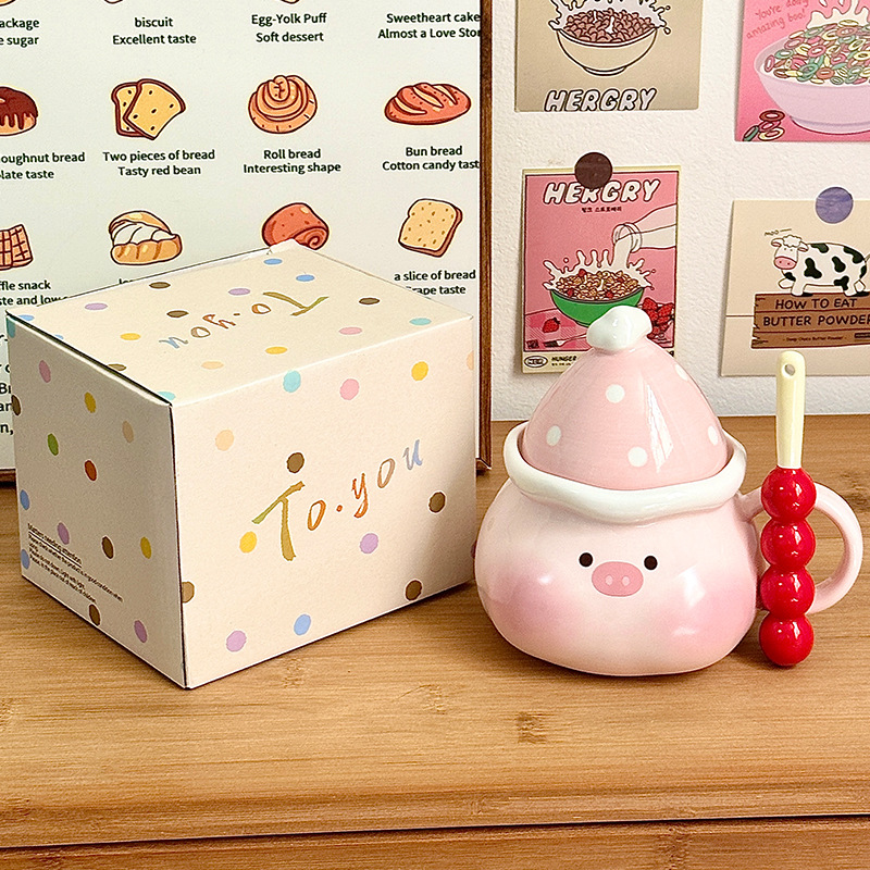 Linda taza de cerdo, taza de regalo de mano, taza de agua para niñas, taza de cerámica de oficina con tapa, regalo de cumpleaños para el hogar