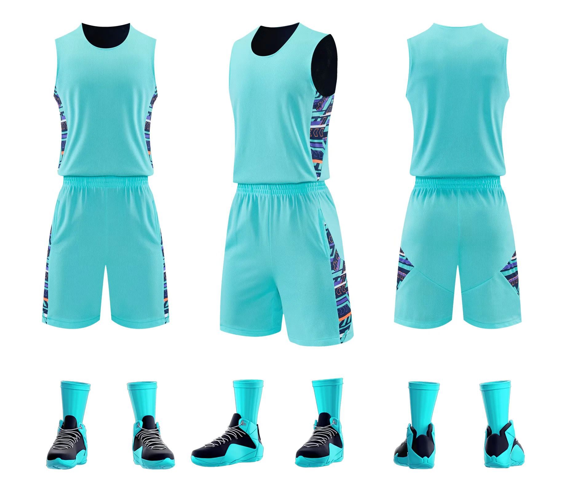 Nuevo conjunto de ropa de baloncesto de doble cara rápida secado transpirable de entrenamiento de baloncesto americano uniformes de equipo de juego de logotipo de impresión baloncesto