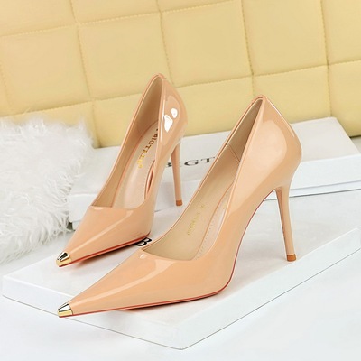 9283-6 European and American Style Sexy Slim High Heel Shoes Thin Heel Super High Heel Shiny Lacquer Leather Shallow Mou
