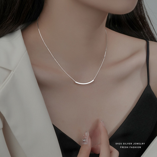 S925 Silver Pendant Necklace, Simple and Fashionable, Japanese and Korean Style, Square Tube Chain, Women's Cold Wind Clavicle Chain, Drop Ship One Piece
