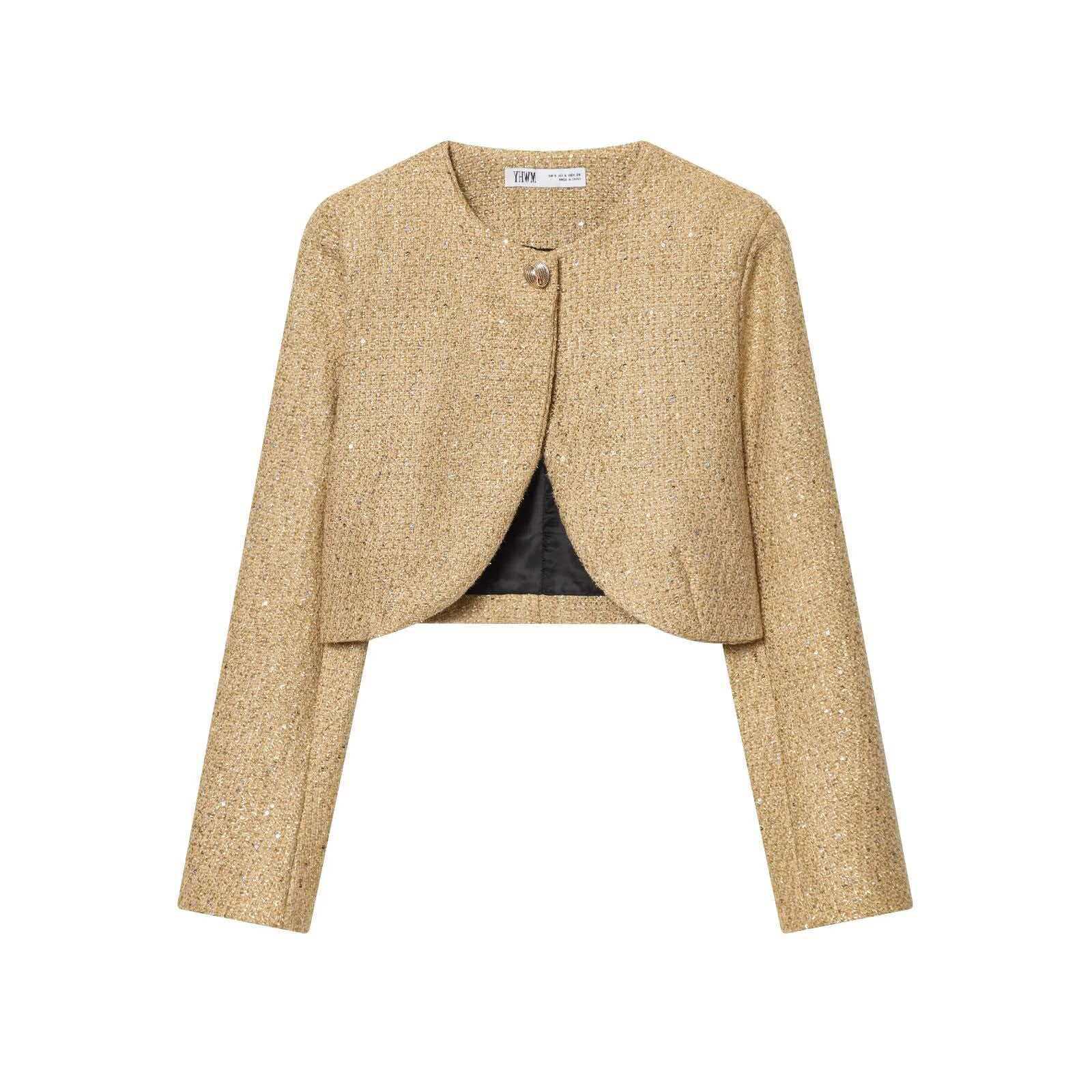 Cross-Border European and American Foreign Trade Women's Clothing, Aliexpress Hot-Selling Fashion Sand-Colored Sequin Short Jacket in Chanel Style