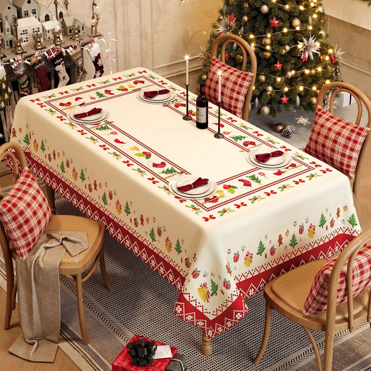 Table Mat Christmas Plaid Waterproof and Oil-Proof Table Mat Rectangular Cartoon Light Luxury High-End Tablecloth Pvc Tablecloth