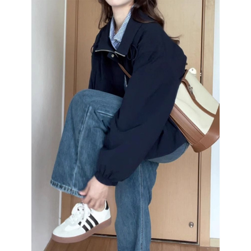 韩系简约小个子工装短外套女蓝色春秋外套休闲新款短款夹克外套女