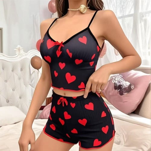 Elegant Women's Heart Print Contrast Color Homecoming Set with Sexy Strapless Pajama Top and Bottom