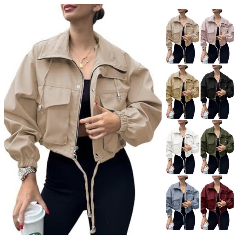 European and American cross-border casual women's short jacket with zipper, lightweight, oversized, practical coat with pockets
