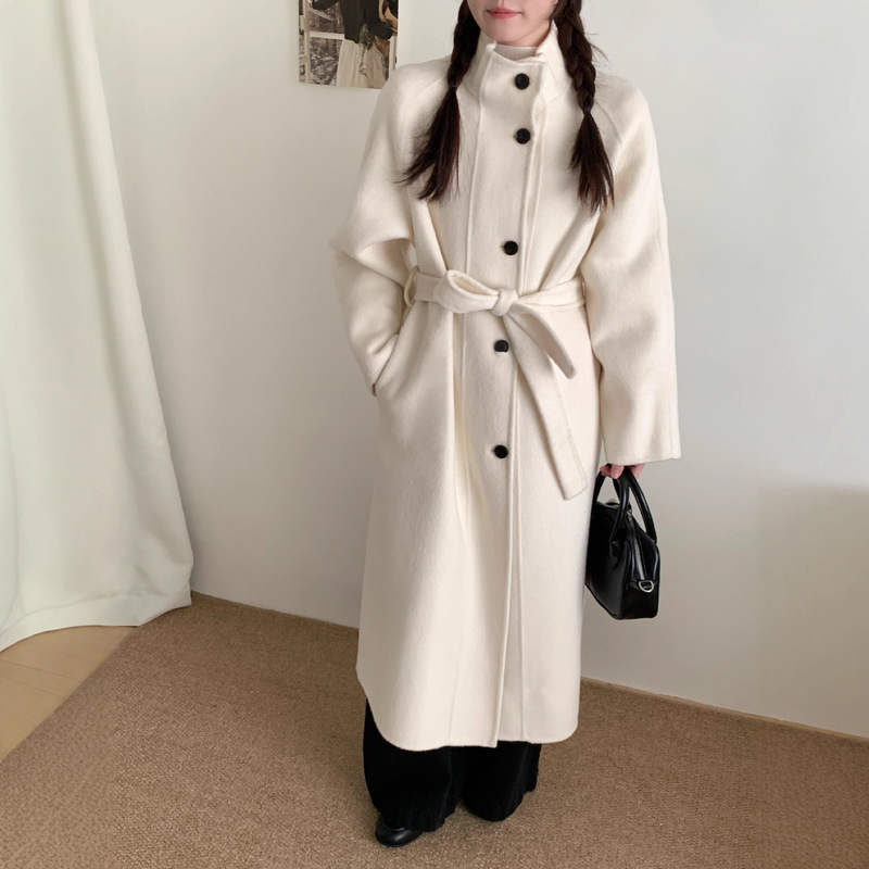 Autumn and Winter Korean Style Stand-Up Collar Lace-Up Loose Double-Sided Wool Coat for Women, Extra-Long High-End Lazy Elegant Jacket for Women Autumn and Winter Korean Style Stand-Up Collar Lace-Up Loose Double-Sided Wool Coat for Women, Extra-Long High-End Lazy Elegant Jacket for Women