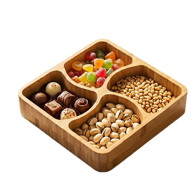 bandeja de té de bambú y madera, caja de almacenamiento de frutas secas para té hervido, bandeja de frutas dividida para bocadillos, dulces, semillas de melón, bandeja dividida image 6