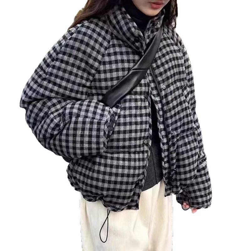 黑色格子羽绒服女立领短款2025冬季新款加厚宽松小个子面包服外套|undefined