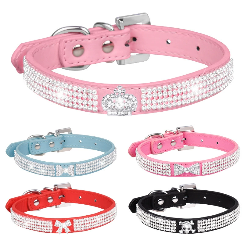 Прямые продажи с фабрики для маленьких и средних собак ошейник для домашних животных с блестящими стразами, многорядный сетчатый сверло, ошейник из искусственной кожи, ошейник для кошек